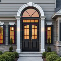 Farmhouse Style Black Exterior Door With Ornate French Provincial Design