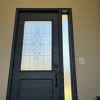 Dark Gray Front Door With Grid Window and Floral Etched Glass Design