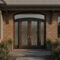 Textured Glass Double Doors With Ornate Metal Design and Brick Facade