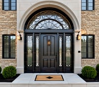 Elegant Arched Black Front Door With Sidelights and Stone Archway