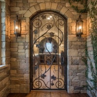 Arched Metal Frame Door With Textured Glass and Wrought Iron Vine Design
