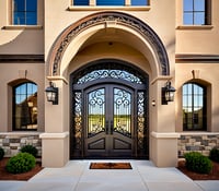 Mediterranean Double Doors With Wrought Iron and Arched Stucco Entryway