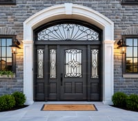 Charcoal Gray Entry Door With Wrought Iron, Sidelights, and Arched Transom