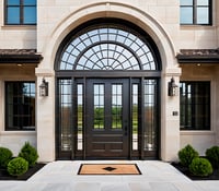 Elegant Arched Entryway: Dark Wood Door With Sidelights and Semicircular Window