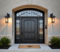Arched Wrought Iron Door With Sidelights and Decorative Transom Window