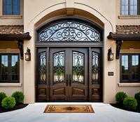 Mediterranean Double Entry Door With Wrought Iron Grille and Arched Transom