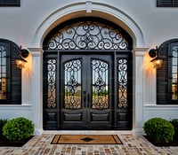 Elegant Mediterranean Double Doors With Arched Transom and Wrought Iron Details