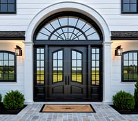 Arched Double Front Door With Glass Panes and Sidelights 1