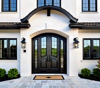 Elegant Black Double Entry Door With Arched Top and Decorative Ironwork
