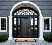 Arched Dark Gray Front Door With Sidelights and Decorative Transom Window