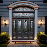 Elegant Double Entry Door With Decorative Glass, Arched Transom, and Fluted Pilasters