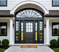 Arched Dark Gray Paneled Front Door With Sidelights and Sunburst Window