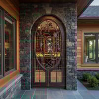 Dark Metal Double Doors With Grape Vine Design and Stone Frame