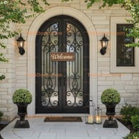 Black Arched Iron Gate With Sunburst Design and Stone Archway Entrance