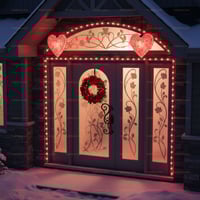 Arched Double Doors With Frosted Floral Glass, Wreath, and Holiday Lights