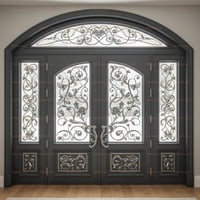 Ornate Arched Double Doors With Floral Scrollwork and Sidelights