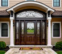 Dark Wood Front Door With Geometric Glass and Arched Portico