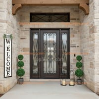 Arched Black Wood Entry Door With Textured Sidelights and Transom Window