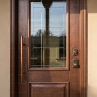 Dark Wood Front Door With Glass Panes and Metal Handle