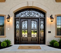 Arched Double Entry Door With Wrought Iron and Sidelights 6
