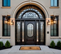 Elegant Arched Entryway With Stained Wood Door and Decorative Glass Sidelights