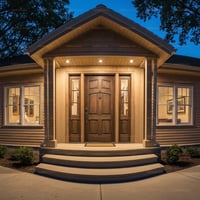 Dark Brown Four-panel Wood Door With Sidelights and Gabled Entry