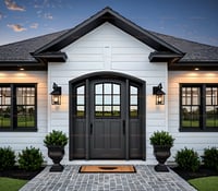 Arched Double Door With Glass Panes, Dark Gray Finish, and Black Hardware