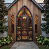 Arched Wrought Iron Wine Cellar Gate With Scrollwork and Wooden Facade