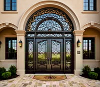 Elegant Wrought Iron Double Doors With Arched Transom in Mediterranean Style