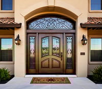 Arched Double Entry Wood Doors With Decorative Iron Transom and Sidelights