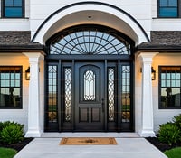 Elegant Black Paneled Front Door With Leaded Glass and Arched Window