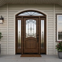 Dark Wood Entry Door With Arched Sunburst Transom and Sidelights