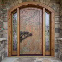 Hammered Copper Door With Patina Finish, Landscape Motif, and Arched Frame