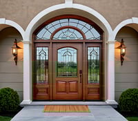 Arched Mahogany Entry Door With Leaded Glass Sidelights and Transom