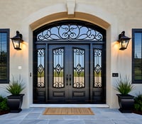Ornate Wrought Iron Double Front Door With Arched Transom and Black Metal Frame