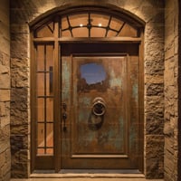 Distressed Wood and Metal Door With Sidelight, Geometric Transom, and Stone Archway