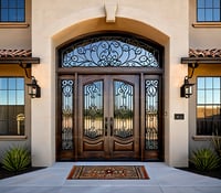 Elegant Arched Mahogany Double Doors With Wrought Iron and Stucco Surround