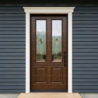 Dark Brown Front Door With Diamond Glass Accents and Blue Siding
