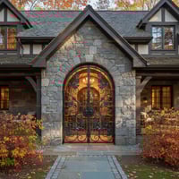 Arched Wrought Iron Double Door With Vine Design in Stone Facade