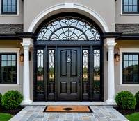 Elegant Black Paneled Door With Arched Transom and Decorative Ironwork 1