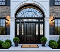 Elegant Black Raised Panel Entry Door With Arched Transom and Sidelights