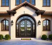 Ornate Arched Double Door With Dark Metal Finish and Floral Ironwork Design