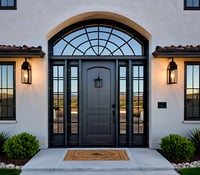 Arched Dark Gray Entry Door With Sidelights and Fan Transom Window