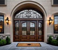Arched Double Wood Doors With Wrought Iron and Stone Entryway