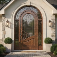 Arched Bronze Entry Door With Wrought Iron Scrollwork and Glass Panels