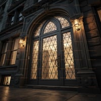 Arched Three Panel Entrance Door With Diamond Panes and Stone Surround