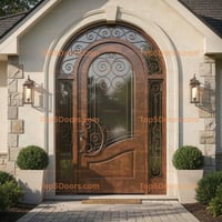 Dark Brown Wood Entry Door With Arched Transom and Sidelights 1