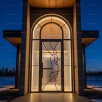 Modern Arched Fluted Glass Door With Black Metal Overlay Design