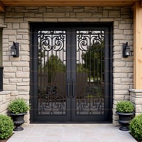Ornate Black Metal and Glass Double Front Door With Stone Facade