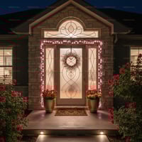 Elegant Stone Entryway With Frosted Glass Door, Sidelights, and Floral Accents